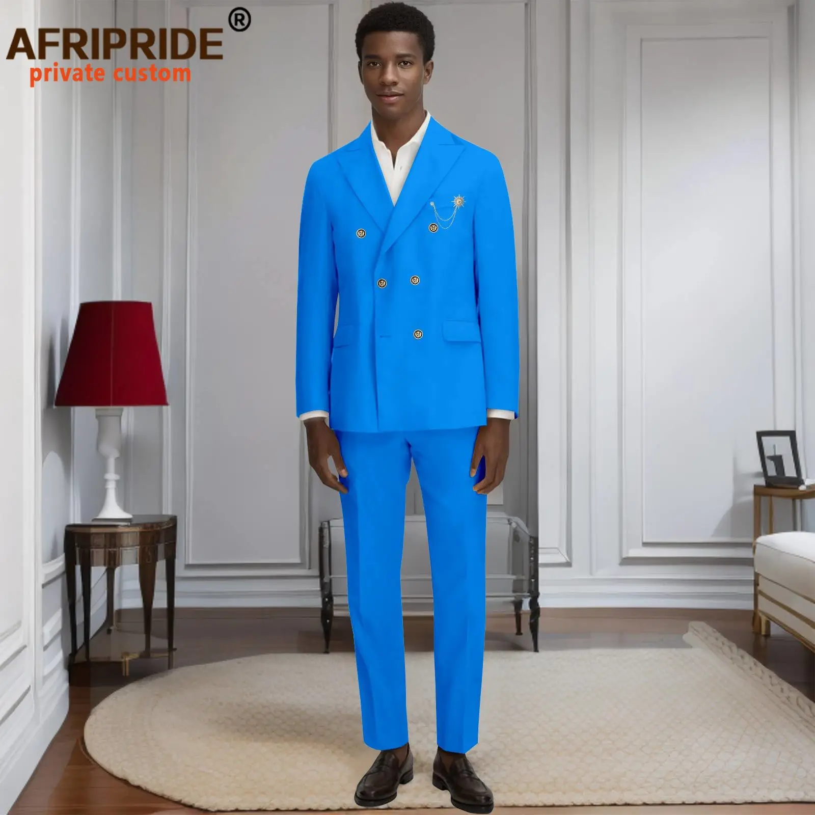 Dashiki Men Business Suits Double Beasted Brooch Blazer and Pants Set Formal Outfits African Clothes 2516031