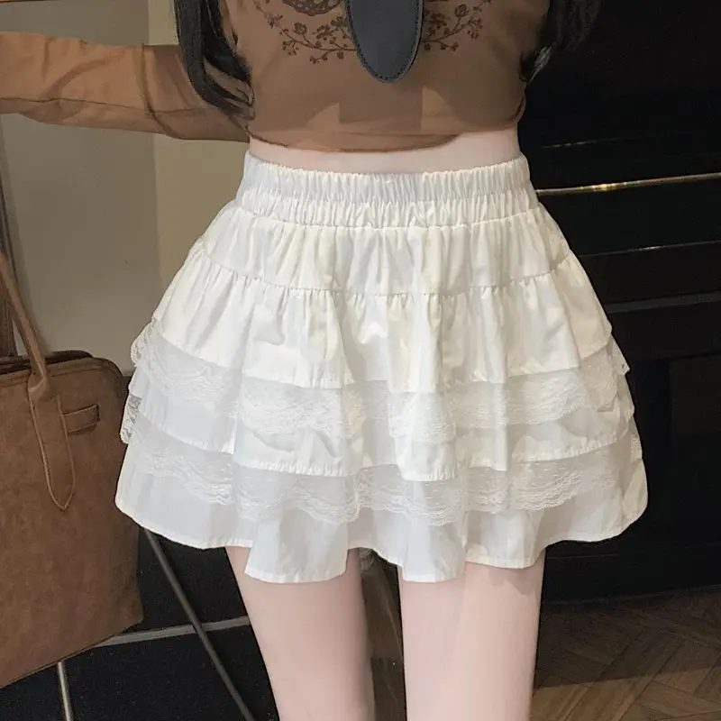 

Плиссированная юбка А-силуэта женская белая с оборками, многоярусная, элегантная, на резинке, летняя, приталенная, базовая, в корейском стиле Харадзюку