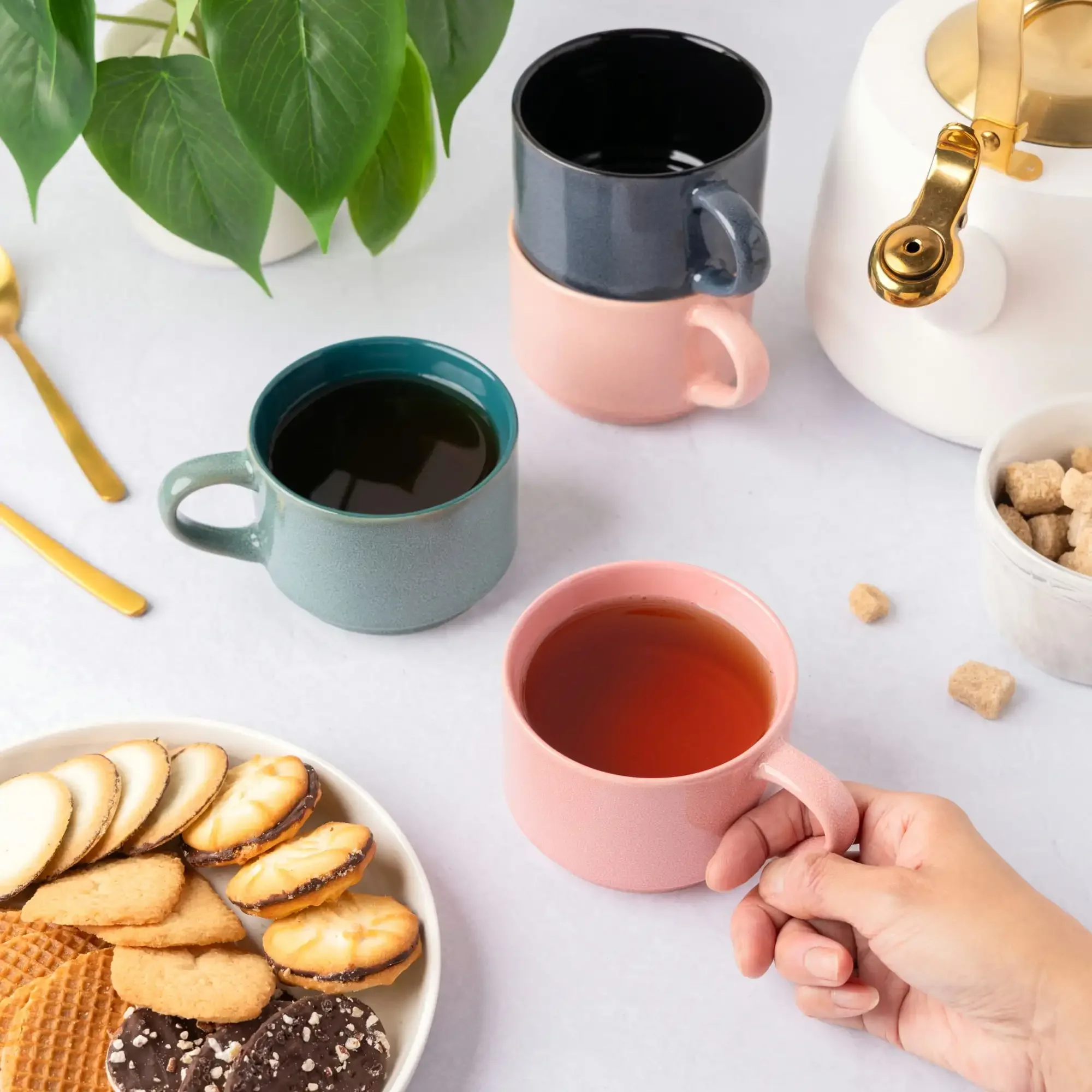 4 عبوات من أكواب التراص، مزيج من الألوان التفاعلي 11.1 أونصة سائلة، الخزف الحجري