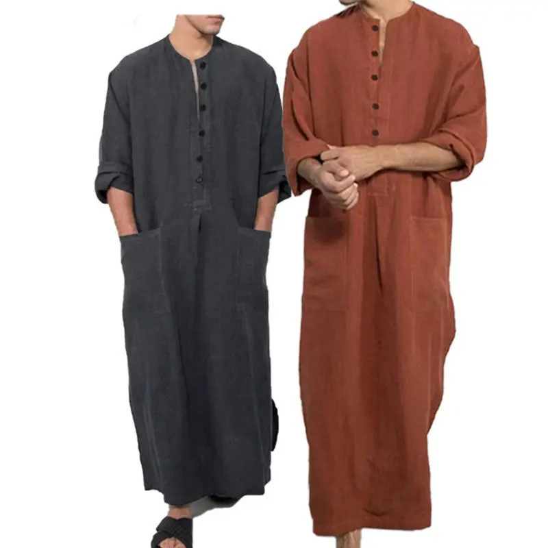 เสื้อคลุมมุสลิมแขนยาวทรงหลวมสีพื้นคอตั้งมีกระเป๋าข้างสไตล์ตะวันออกกลางสำหรับผู้ชาย
