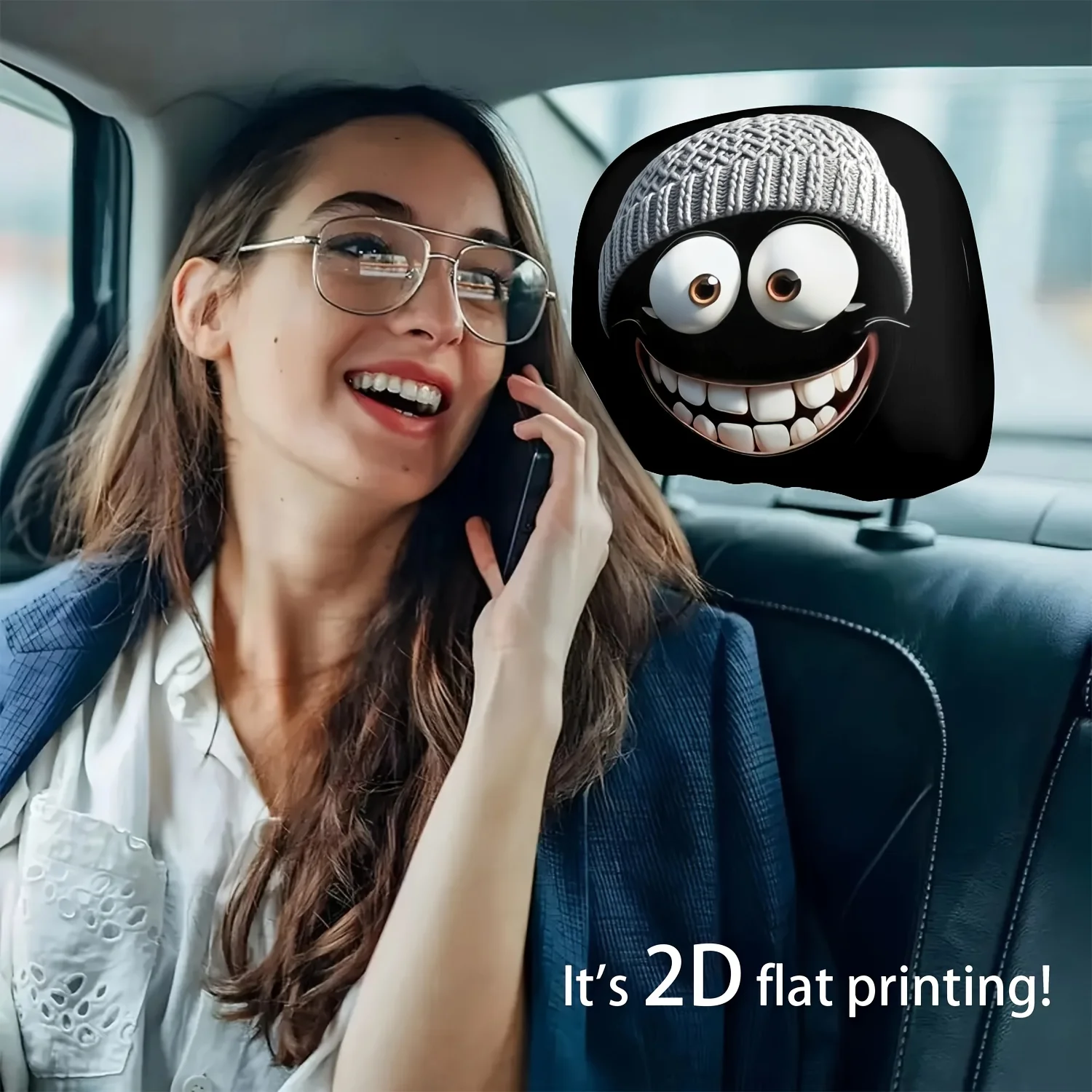 2 pieces of classic cartoon character knitted caps with cute expressions and smiling themes, car headrest covers, washable image 2