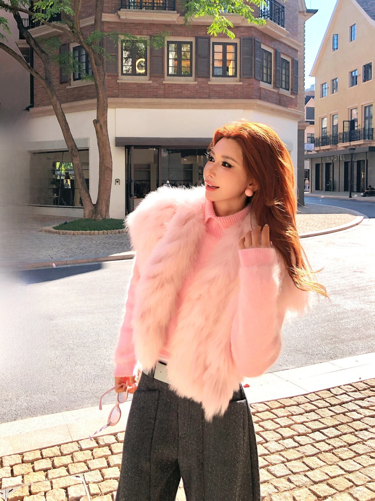 

Pink Fur Vest Women's Faionable Warmth Slim Fit Autumn Winter Outerwear by Li Wan Jun Youth Sle Long Sve ort Coat