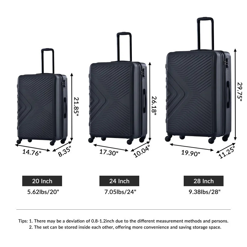 

3 Piece Lage Sets ABS Lightweight Suitcase With Two Hooks Spinner Wheels TSA Lock Telescoping Handle Effortless maneuverability