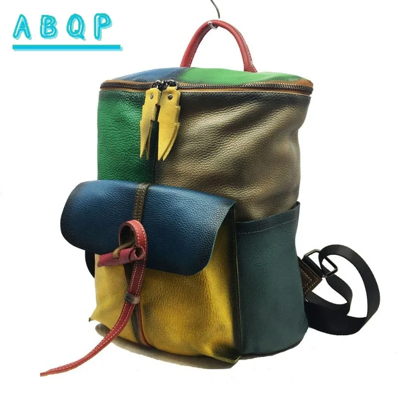 

New Women's Backpack Luxury Brand Genuine Leather Fashion Women's Backpack Handmade Splicing Color Travel Leisure Backpack