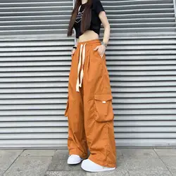 Streetwear Mulheres Oversize Calças De Carga Sólida Cintura Elástica Cordão Solto Harajuku Hip Hop Casual Perna Larga Calças Esportivas 2023