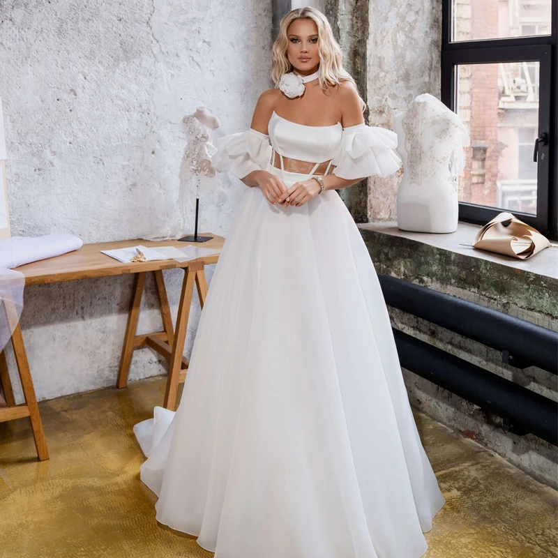 

Eightree White A-Line Wedding Dresses Strapless Tulle Princess Evening Dress Boho Beach Backless Wedding Prom Gowns Custom Size
