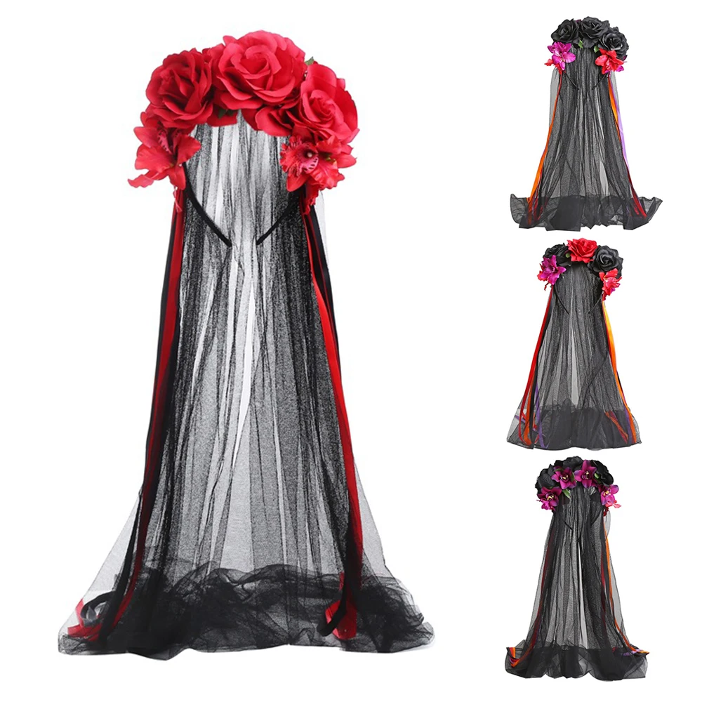 

Halloween Long Ribbon Veil Floral Hair Band Girls Day Of The Dead Red Rose Flowers Headdress Party Cosplay Gothic Head Hoop