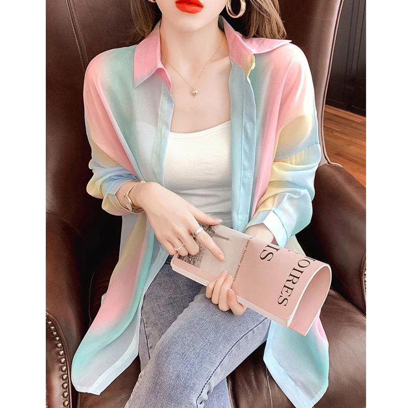 Summer Colorful Shiny Sunscreen Clothing Chiffon Shirt Patchwork Casual Tops Popular Blouse Thin Jacket Trend Loose Street Party