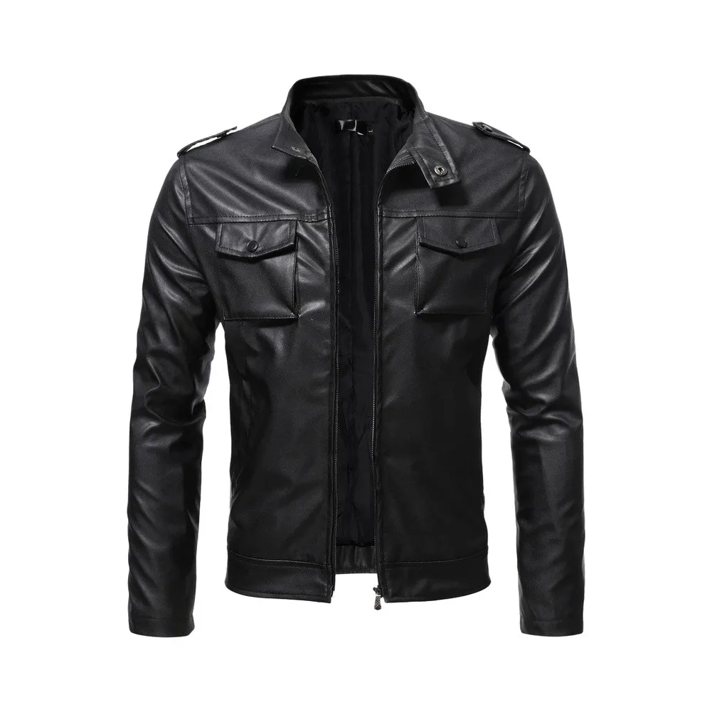 Regular Length Outerwear Men PU Leather Jacket For Autumn Outdoor Activities Long Sleeve Style Slim-fit Pattern