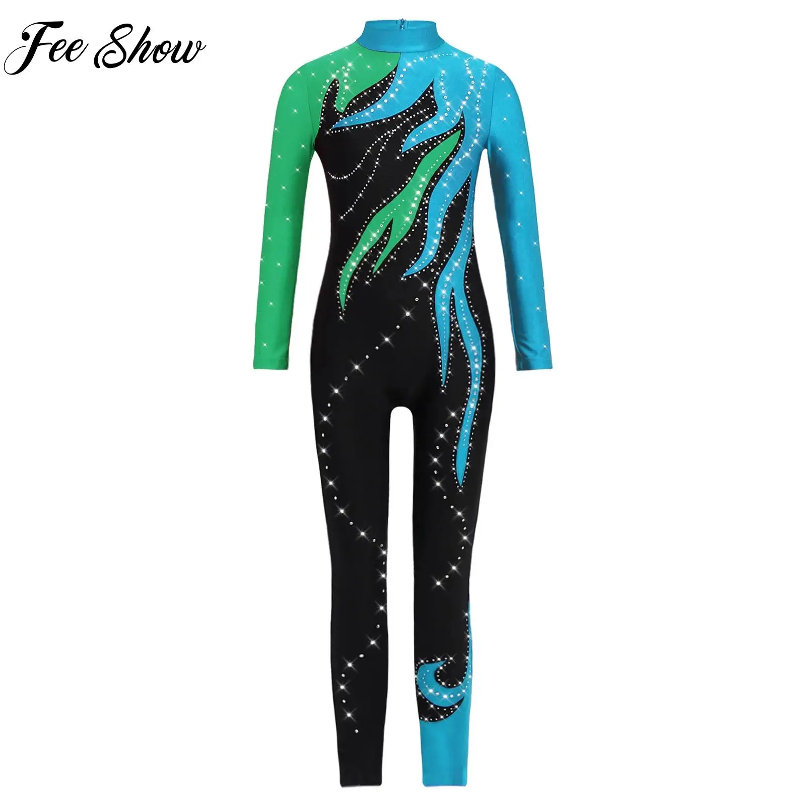 

Kids Girls Glittery Rhinestones Gymnastics Figure Skating Ballet Dance Costume Jumpsuit Long Sleeve Full Body Leotard Dancewear