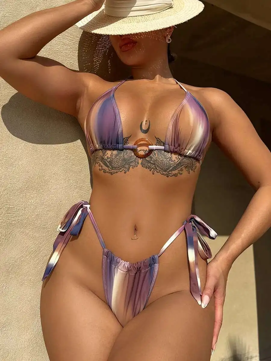 

Градиентный цветной ремень, сексуальный купальник на шнурке, подтяжки с глубоким V-образным вырезом, бикини, пляжный отдых, праздник, очаровательный тонкий шарм B4Y9