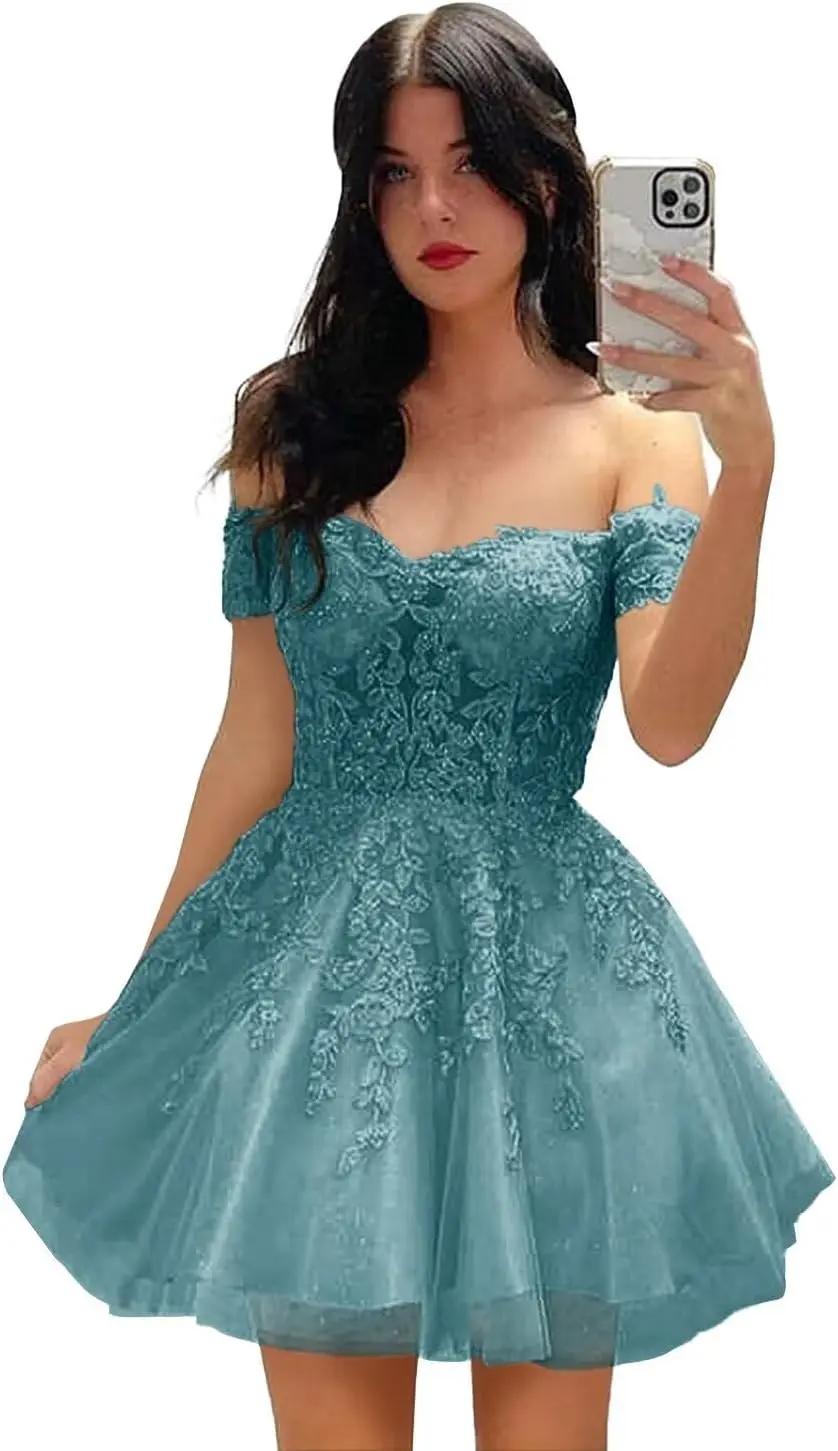 

Lace Applique Short Party Homecoming Dresses for Teens Glitter Tulle Cold Shoulder Formal Prom Cocktail Club Gown Mini Dress