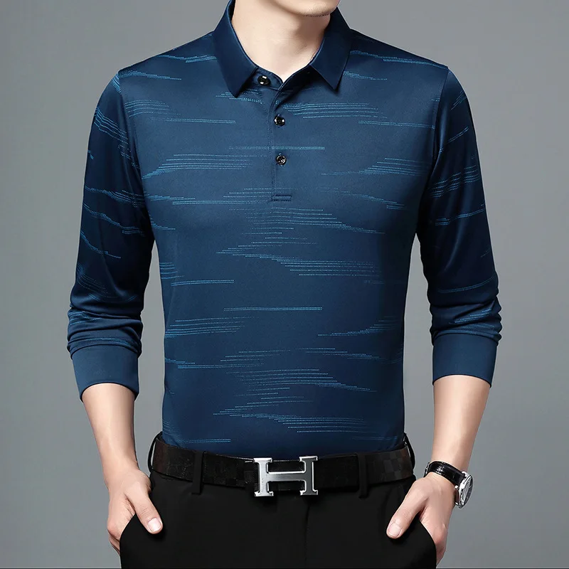 2023 Spring Autumn New T Shirt for Men Cotton Printing Solid Stripe Button Business Shirt Turn-down Collar Long Sleeve Tops