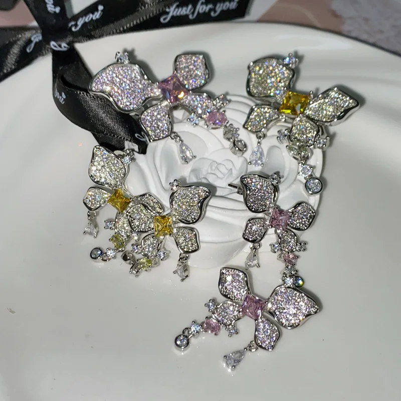 

MDLFES Moissan Diamond Style Exaggerated Liquid Butterfly Tassel Earrings 18K Yellow Diamond Plated Ring