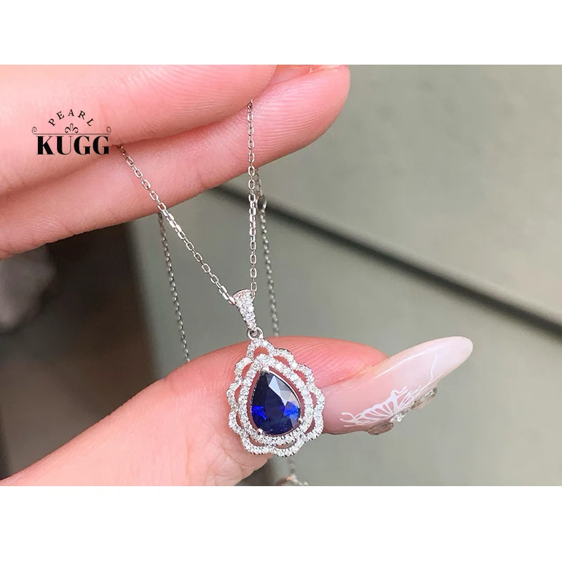 

KUGG 100% 18K White Gold Necklace Women Romantic Elegant Style Shiny Diamond Natural Sapphire Pendant Necklace Fine Jewelry