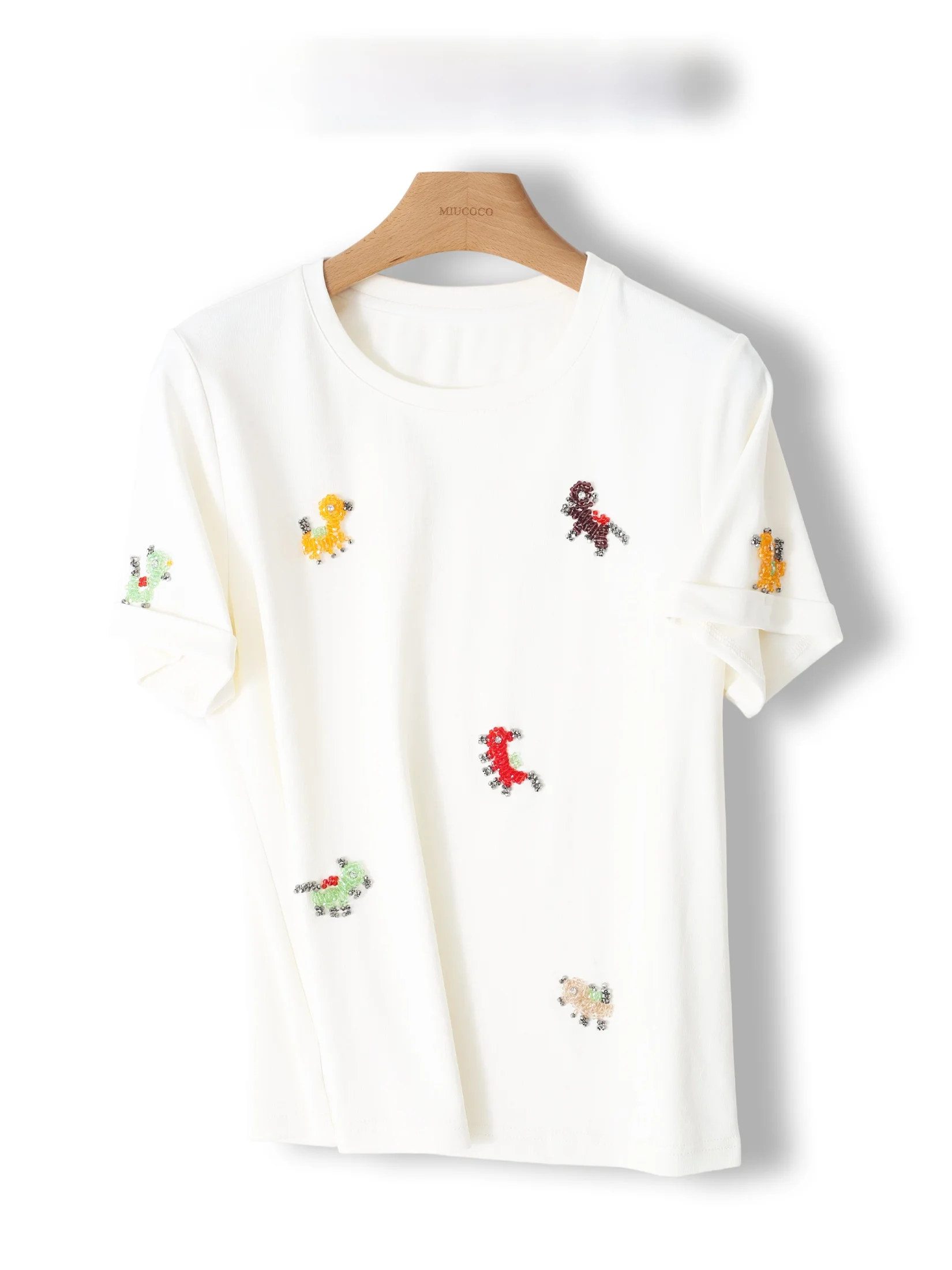 

High Quality Cotton T-Shirt Short Sleeve Crew Neck Embroidered Pattern Cuffed Sleeve Women's Comfortable Breathable Top