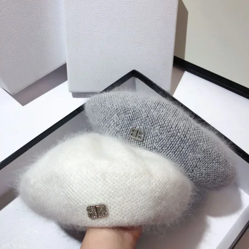 

Lady Elegant Fashion Warm Hats Autumn and Winter Berets Angola Rabbit Fur Beret Warm Octagonal Hat High-quality Fashion Caps