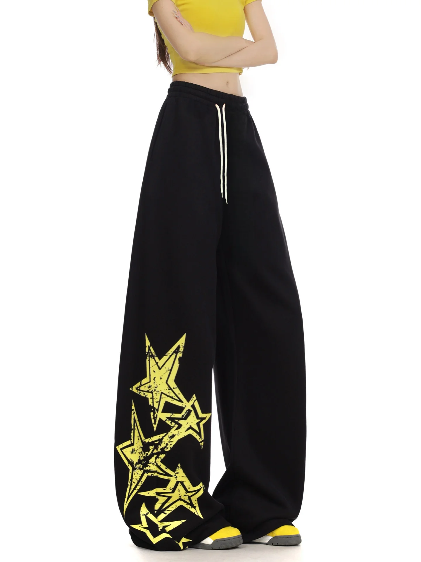 Men Women Straight Leg Quick Dry Trousers 3D Printed Vintage Yellow Star Pattern Loose Streetwear Elastic Waist Long Pants