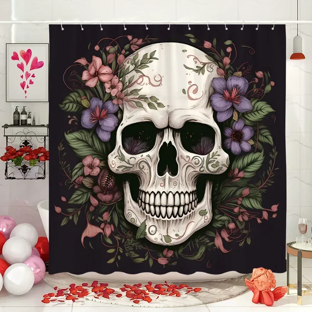 Valentine\'s Day Shower Curtain Roses Love Skulls Eternal Theme Spanish Art Fabric Bathroom Decoration