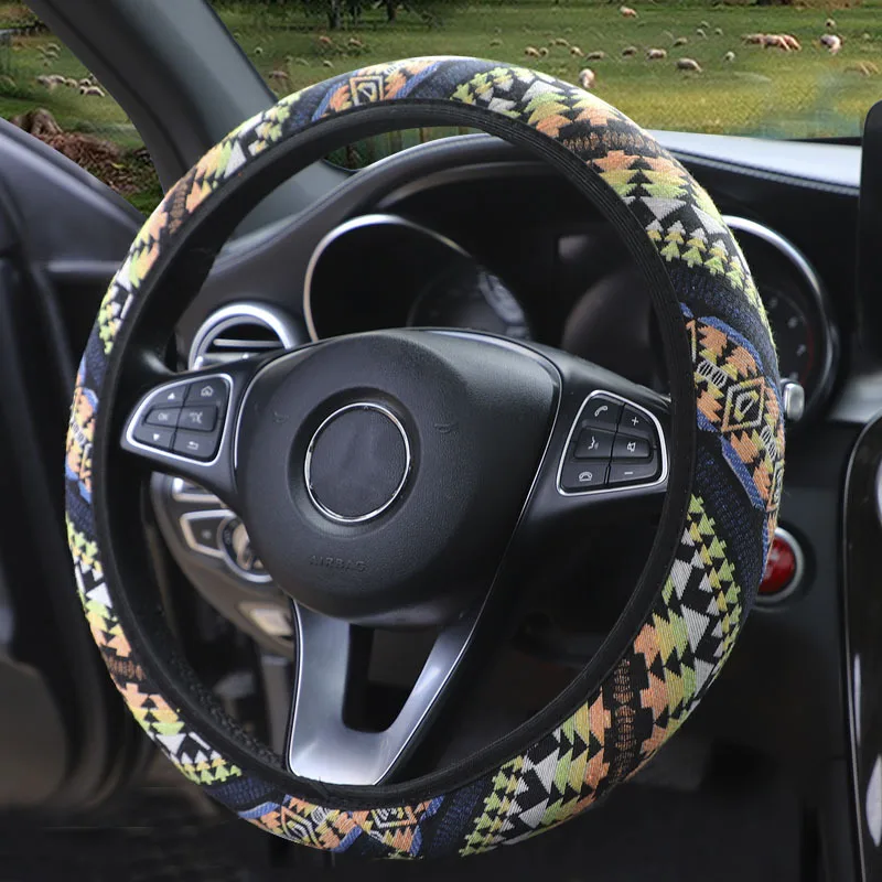 Protector de lino para volante de automóvil con estilo étnico, sin anillo de banda elástica interior para coche, se adapta a 14,5-15 pulgadas