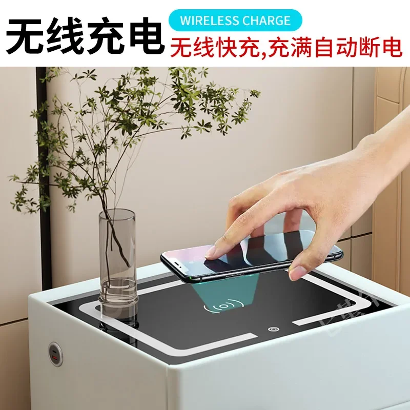 Mesita de noche inteligente, segura, integrada, sencilla, moderna, con carga inalámbrica, cerradura de huella digital, mesita de noche de madera maciza para dormitorio