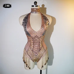 Sparkly Rhinestones Gold Tassel Bodysuit sequin women Sexy Nightclub Show leotard Dance Costume pole Singer drag queen Stage DS