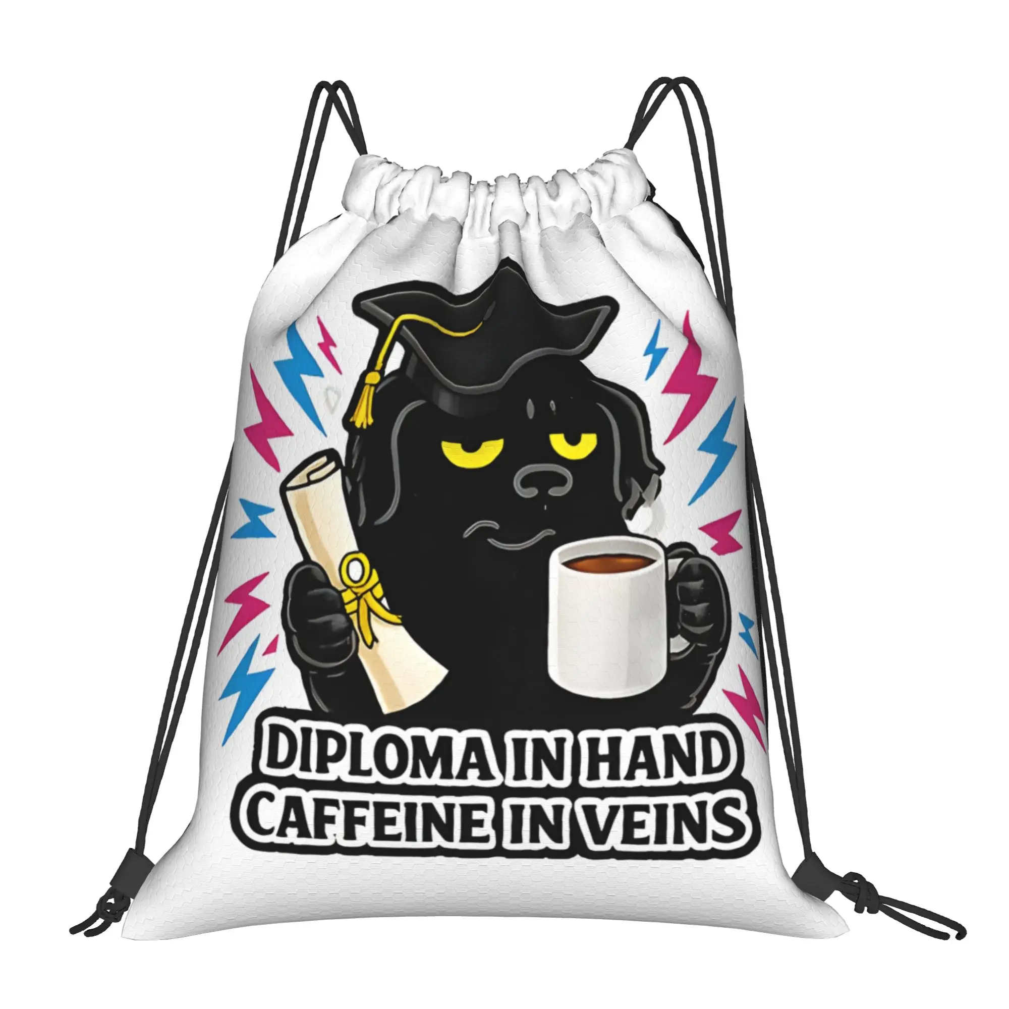 Diploma In Hand, Caffeine In Veins Graduation Portable Hiking Drawstring Bags Riding gym Backpack Grad Gife Storage Backpacks