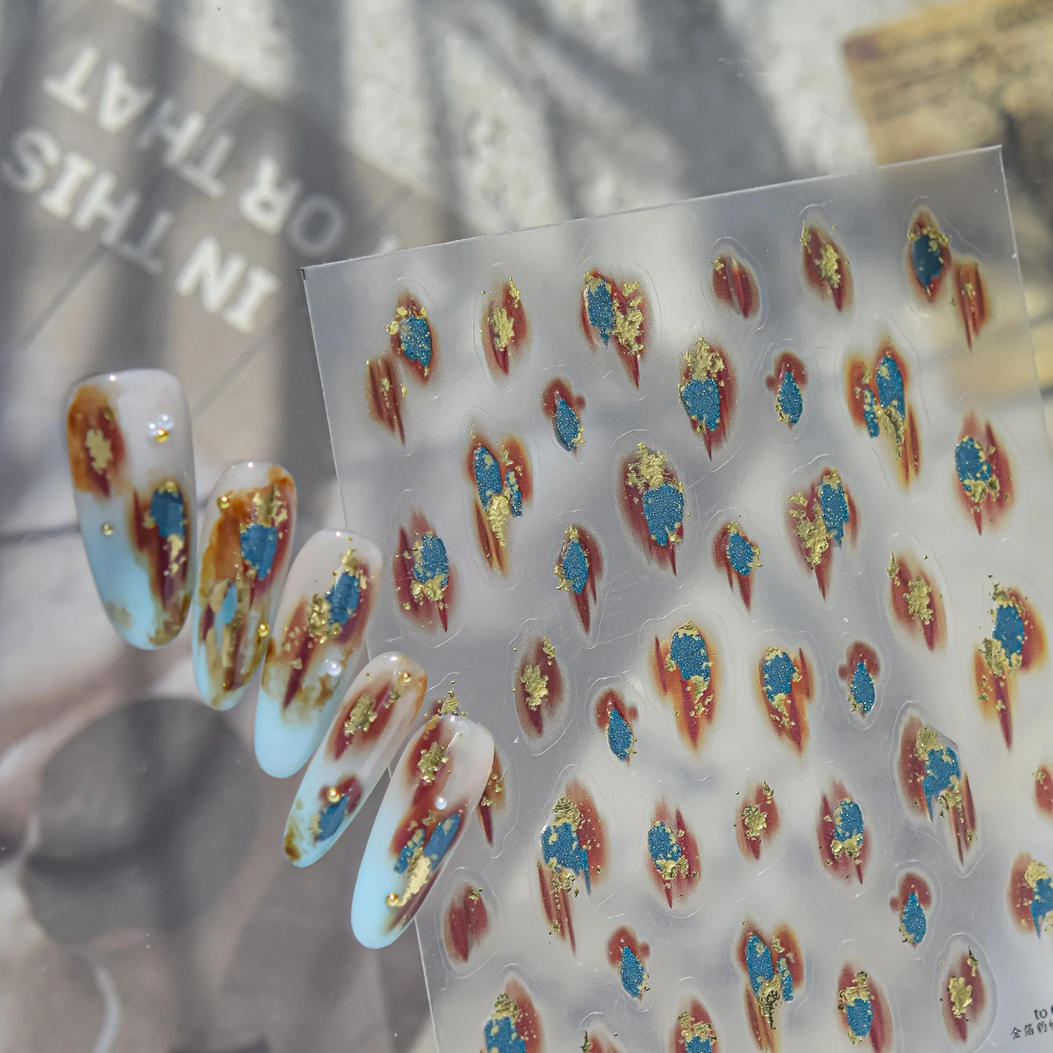 Irregular Water Drop Fragment 5D Nail Stickers Blue Brown Gold Foil Smudge Abstract Art Pattern Self‑Adhesive Nail Decoration