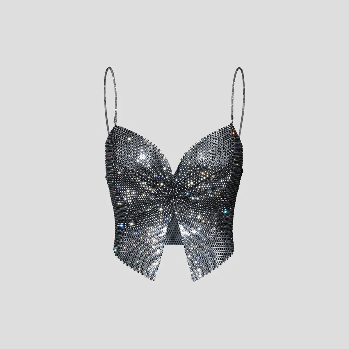 

Summer Women Elastic Fishnet Crop Top Glitter Rhinestone Mesh Fine Flash Shoulder Strap V Neck Tank Top Rave Festival Camisole