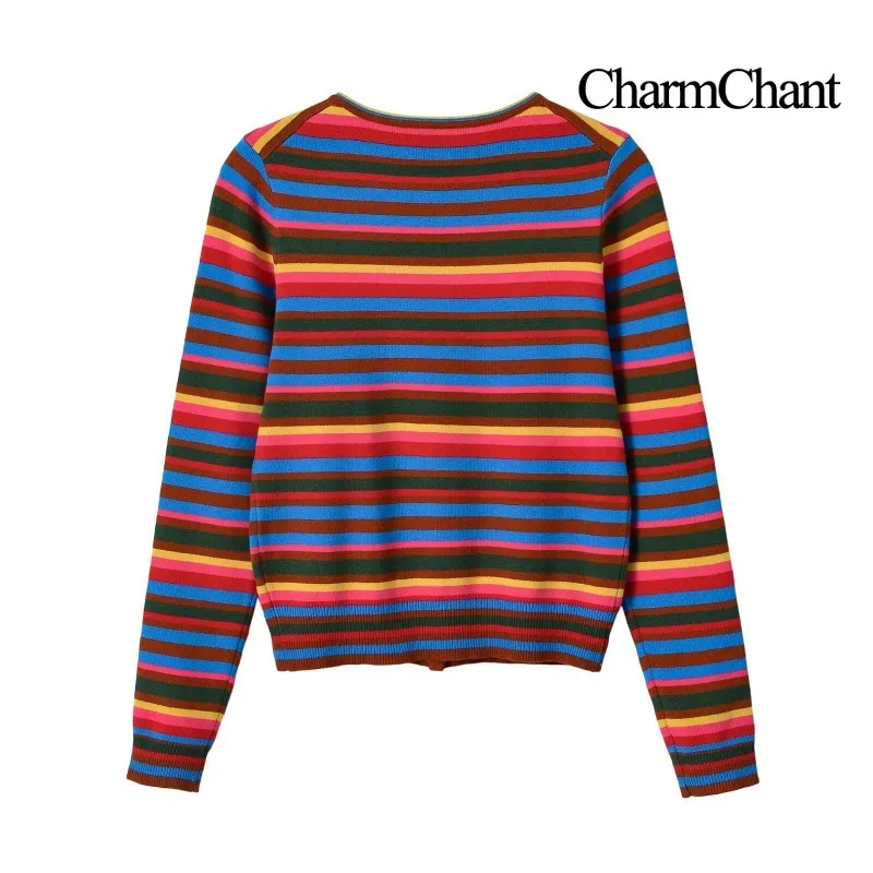 CHARMCHANT Womens Multicolor Striped Knit Cardigan Round Neck Long Sleeve Cropped Slim Fit Ribbed Button Up Sweater Spring 2026