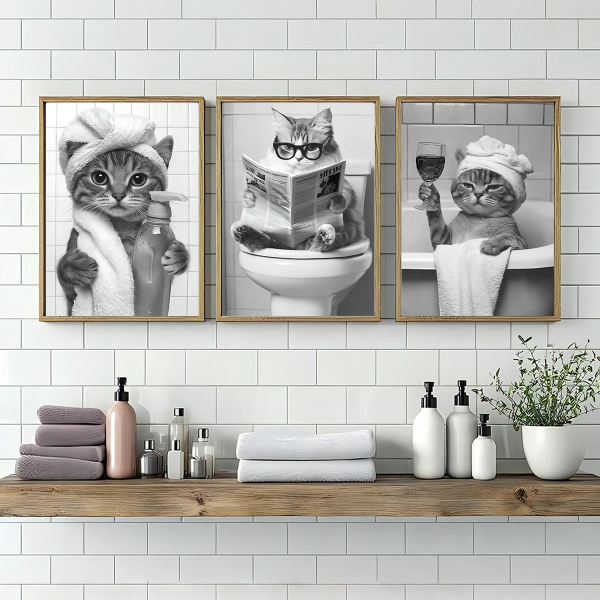 3pcs/set Black and White Cute Animals Canvas Painting Funny Cat Prints Poster for Bathroom Toilet Wall Art Home Decor-unframed