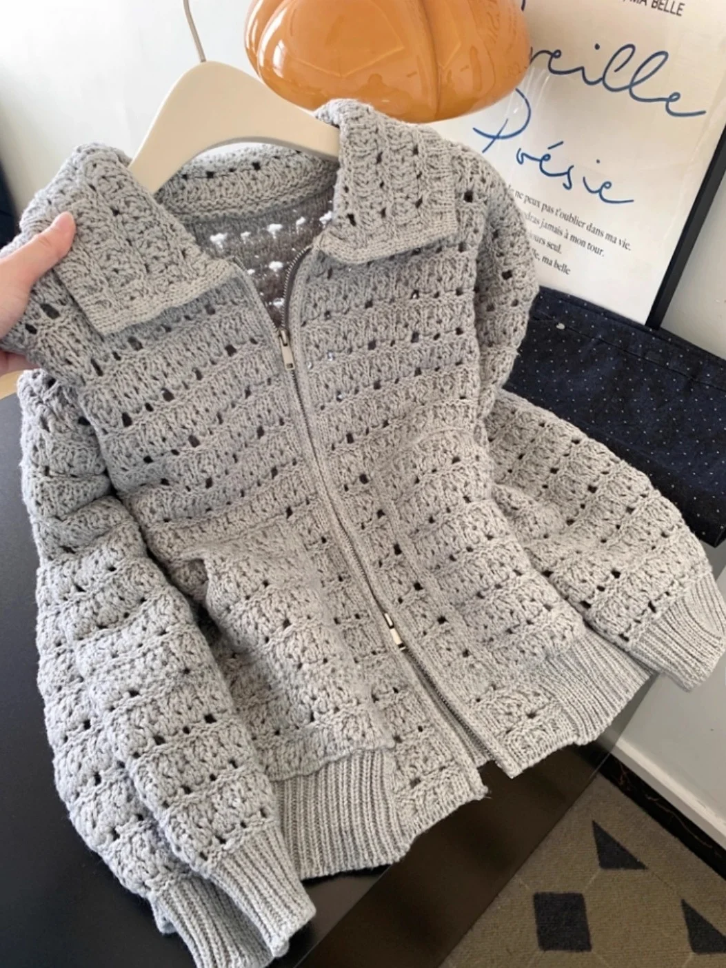 

Ретро-кардиган с ажурным воротником, вязаный, на молнии, женский, осенне-зимний, премиум-класса, свободного кроя, топ-жакет