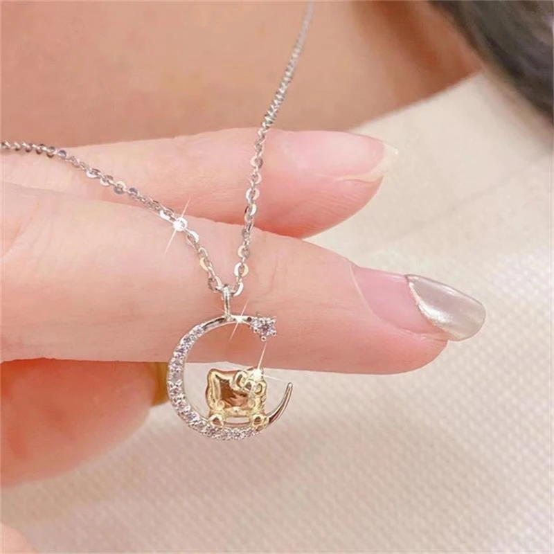 Sanrio Hallo Kitty Mond Anhänger Choker Halskette Cartoon Strass Katze Charme Schlüsselbein Kette für Mädchen Schmuck Zubehör