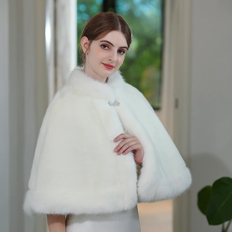 White Wedding Wrap Bridal Shawls Stole Faux Fur Capes  Party Shrug Winter Cloak  Accessories Elegant Queen For Women