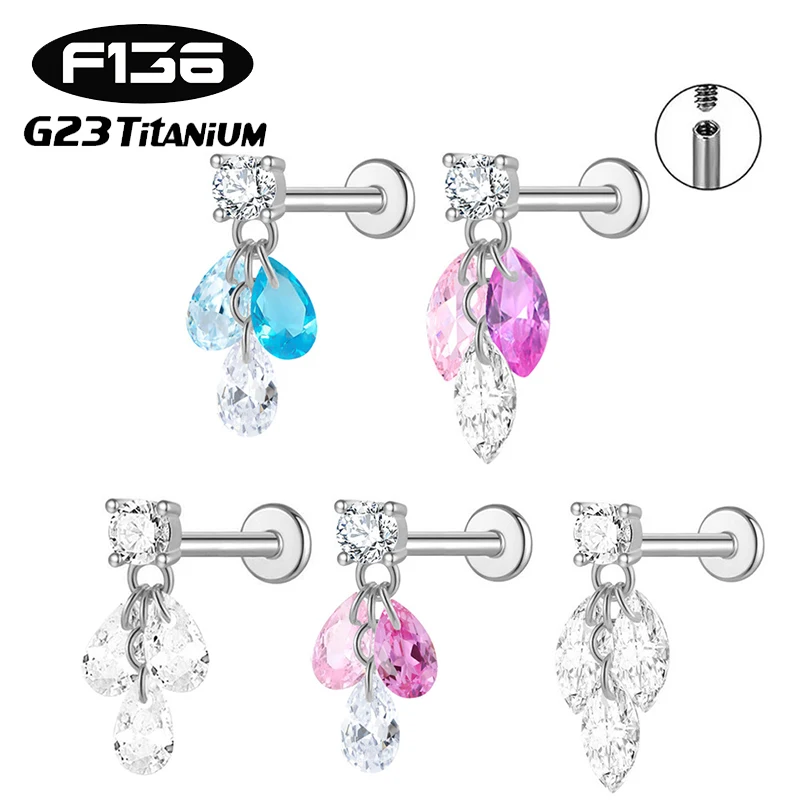 1PC G23 Titanium 16G Internal Thread Horse's Eye Dangle CZ Labret Stud Tragus Cartilage Earring Flatback Helix Piercing Jewelry
