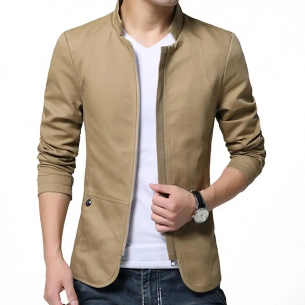 Casual Men Blazer Spring Autumn Stylish Business Casual Jacket Solid Color Stand Collar Zipper Pockets Thin Slim Blazer Coat