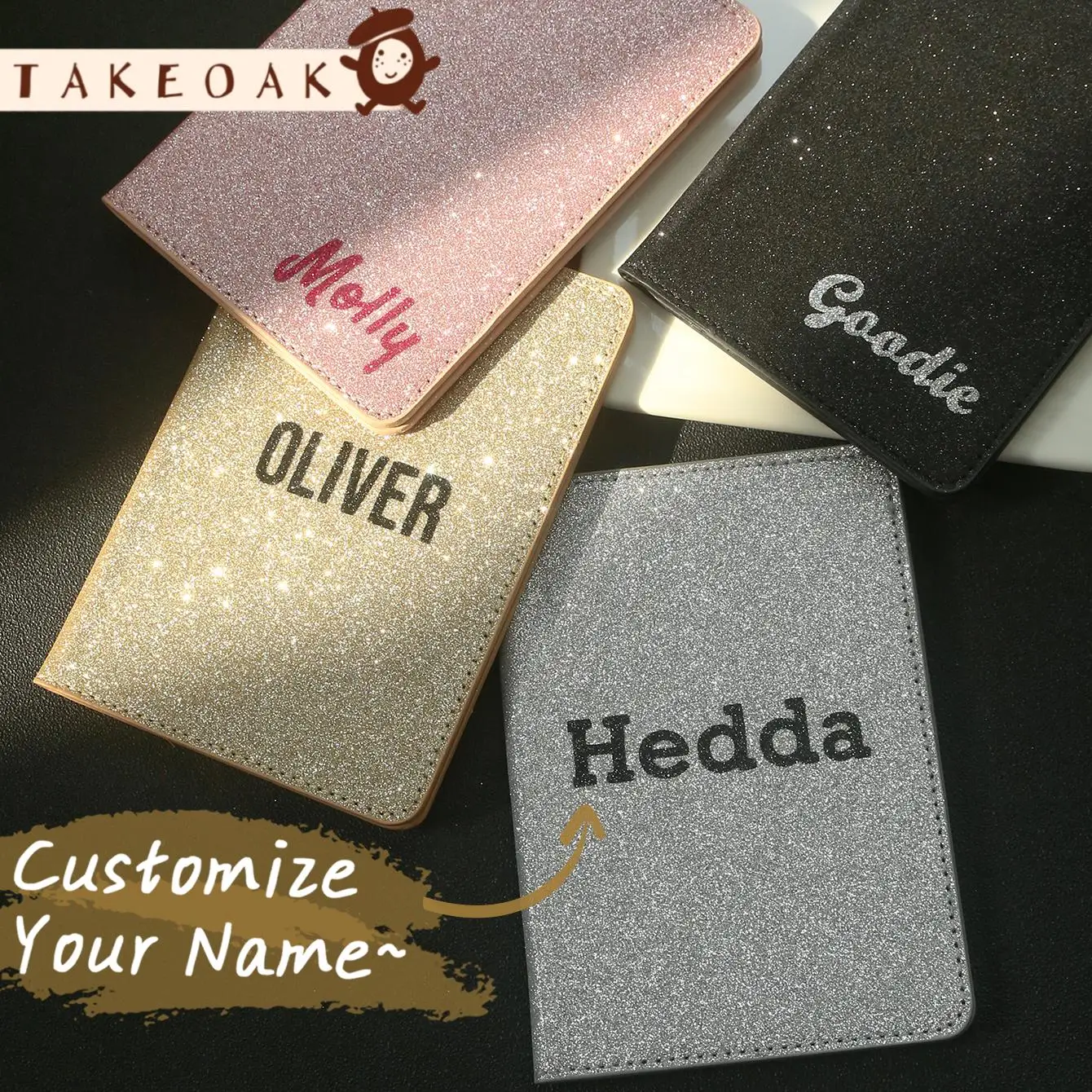 Custom Name Glitter Passport Cover Personalized Sparkly PU Leather Passport Holder Cute Shiny Travel Document Organizer