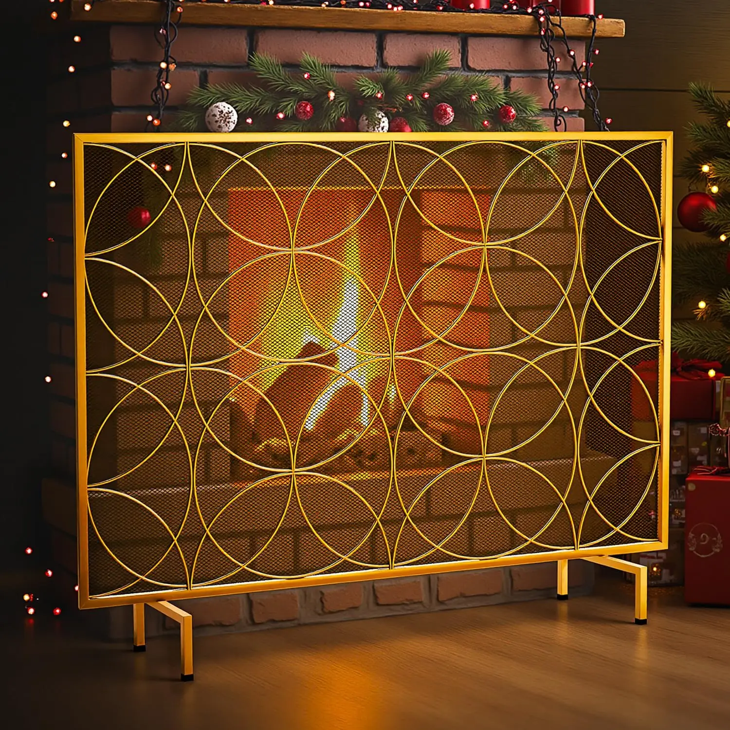 

40.8 x31.5 i h Single Panel Fireplace Screen, Stable Fireplace Barrier with Powder Coated Steel Frame, Handcrafted Solid Wr