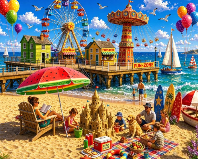 Jigsaw Puzzle 500/1000/1200/2000PCS Summer Vacation Beach Art Wooden Pier Amusement Rides Sandcastle And Ocean Sailboats Puzzle