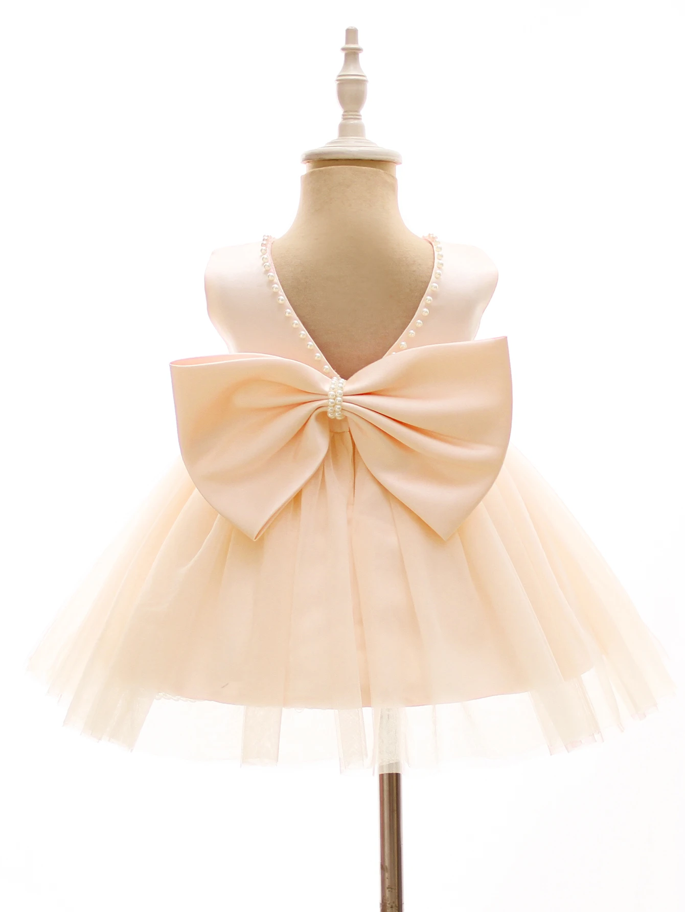 Satin Beaded Soft Tulle Big Bow Dress for Baby Baptism Wedding Party