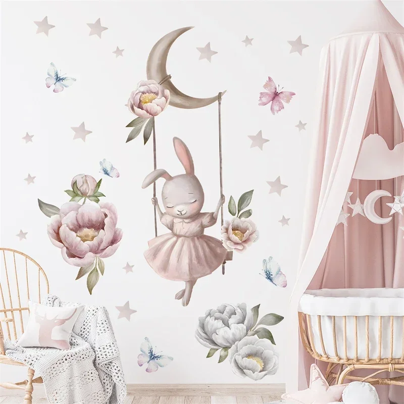 Watercolor Cartoon Rabbit Flower Butterfly Wall Stickers Removable for Kids Girls Rooms Nursery Children Wall Decals Home Decor