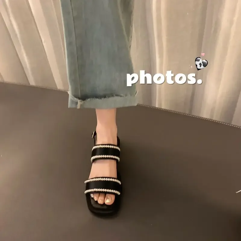 2022 Women\'s Pearl Sandals Female Ankle Buckle Flats Ladies Non Slip Summer Sandalias Mujer Peep Toe Woman Beach Footwear