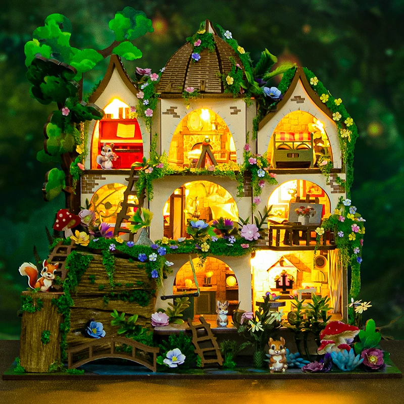 DIY Houten Miniatuur Model Kit Bos Kasteel Cottage Mini Poppenhuizen 3D Puzzel Poppenhuis Met Meubels Vrienden Verjaardagscadeaus