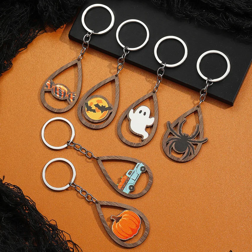 Spooky Halloween Creative Wooden Water Drop Pendant Keychain Ghost Bat Candy Spider Keyring Keys Holder for Backpack Bag