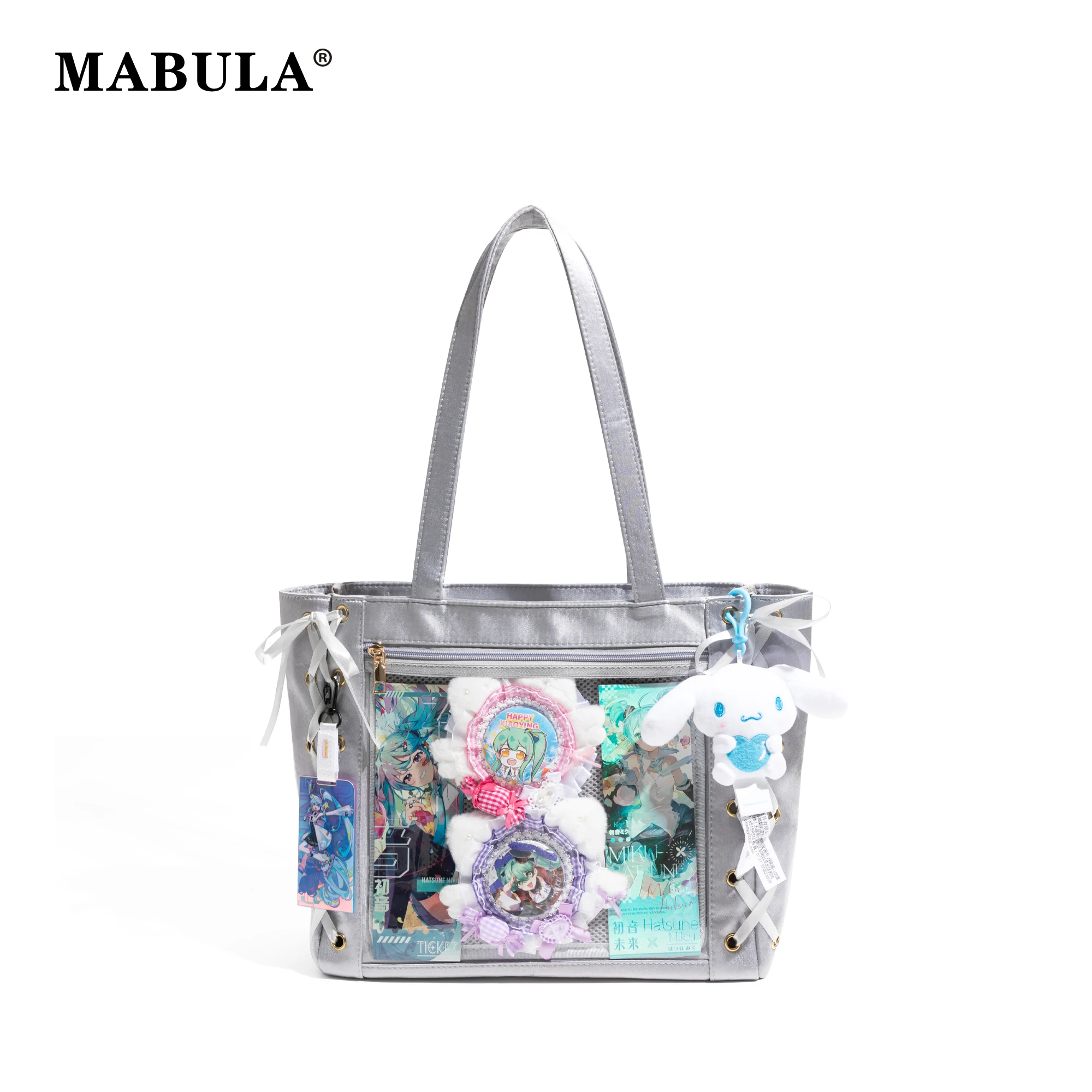 

MABULA Sweet Lolita Girls Tote Handbag Japanese Style JK Cartoon Doll Badge DIY Ribbon Decorate Large Capacity Ita Shoulder Bag