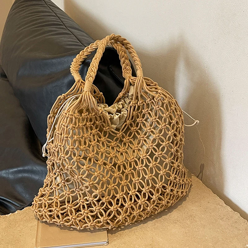 Modne szydełkowe torby dla kobiet Letnia torba plażowa Rafia Estetyczne torby ze słomy Torebka na ramię Bohemian Boho Woven Knit