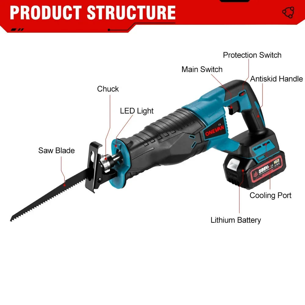 10000SPM Electric Reciprocating Saw Cordless Rechargeable Multifunction Saw Metal Wood Cutting Tools For Makita 18V Battery