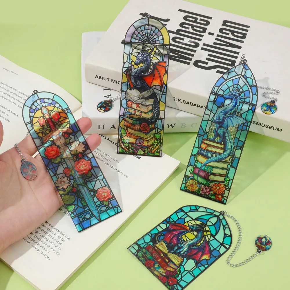 Colorful Glass Dragon Bookmark, a Gothic Window Inspired Transparent Page Marker Gift for School Office Supplies for Women and B