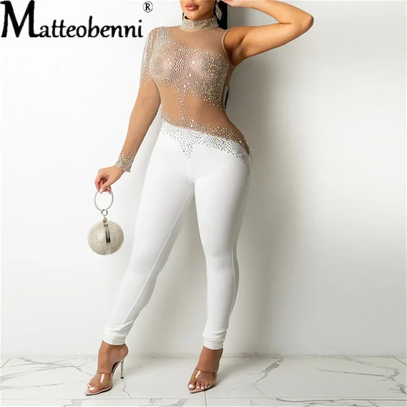 Fashion Sexy Nightclub Women See-Through Mesh Milk Silk Stitching Hot Drilling Off-Shoulder Jumpsuit Diamonds Rhinestone Rompers