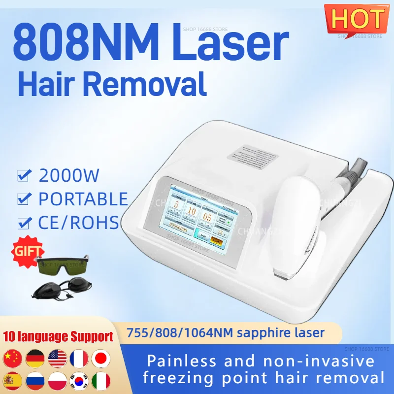 

2000W MAX 808nm 755 1064 Diode Laser Hair Removal Machine Alexandrit Permanent Removal Cooling Head Painless Laser Epilator